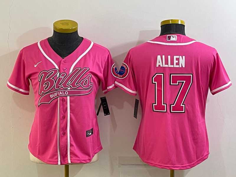 Women%27s Buffalo Bills #17 Josh Allen Pink With Patch Cool Base Stitched Baseball Jersey